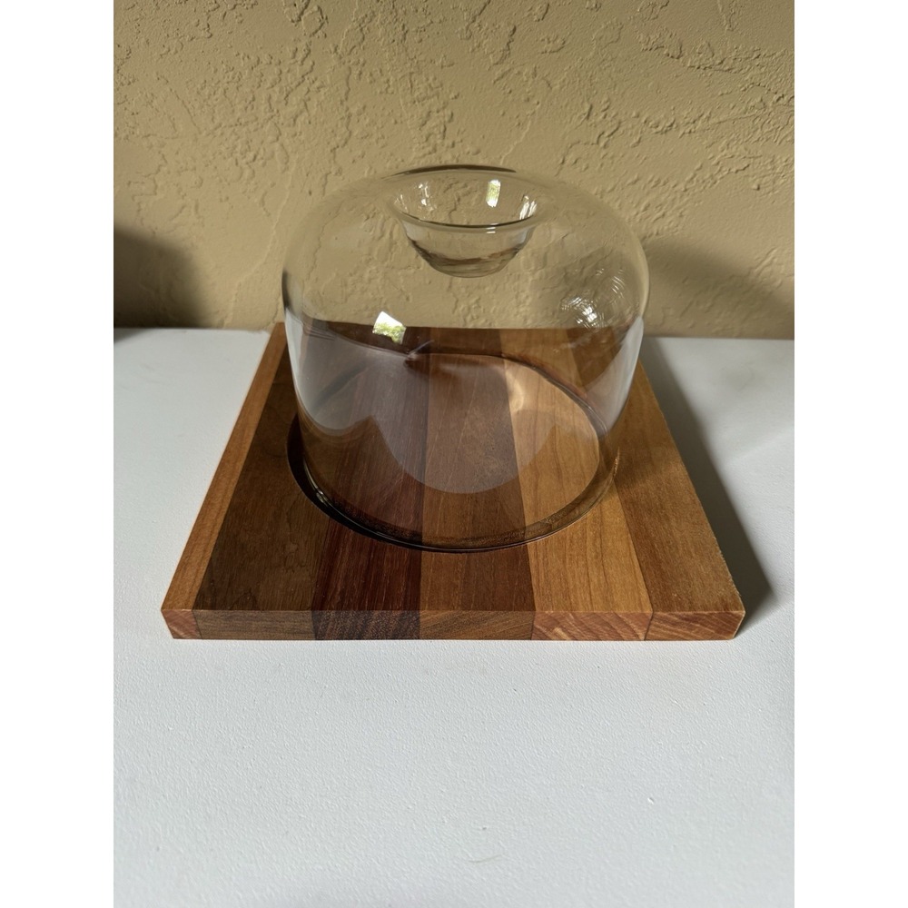 Vintage MCM Multi Wood Cheese Board Glass Dome Cloche Charcuterie Server 8 Inch
